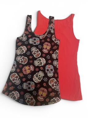 Set of 2 Tank Tops- Sugar Skull Print & Coral Solid. Size S
